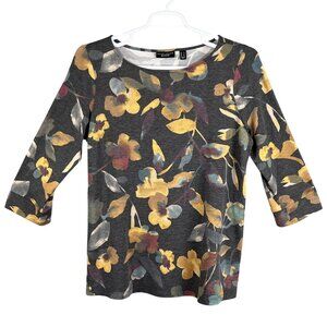 Susan Graver Weekend L Muted Floral 3/4 Sleeve Ring Detail Pullover Comfort Top